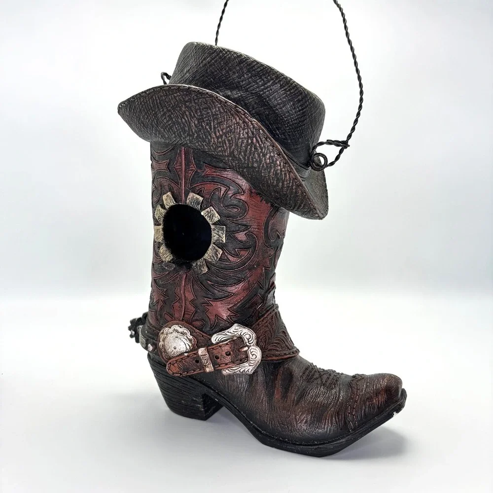 Western Cowboy Boot Birdhouse Resin Hanging Rustic Outdoor Garden Decor Hat Spur